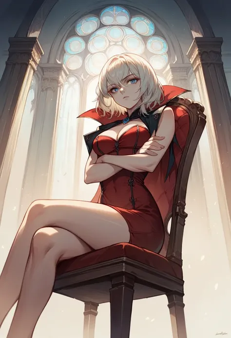 Carmilla medium breasts, red satin mini dress, short cape, by white, beautiful face, blue eyes, (masterpiece:1.2), Best Quality, absurdities, high resolution, extremely detailed wallpaper, perfect lighting, from below, chair, crossed legs, crossed arms, bl...