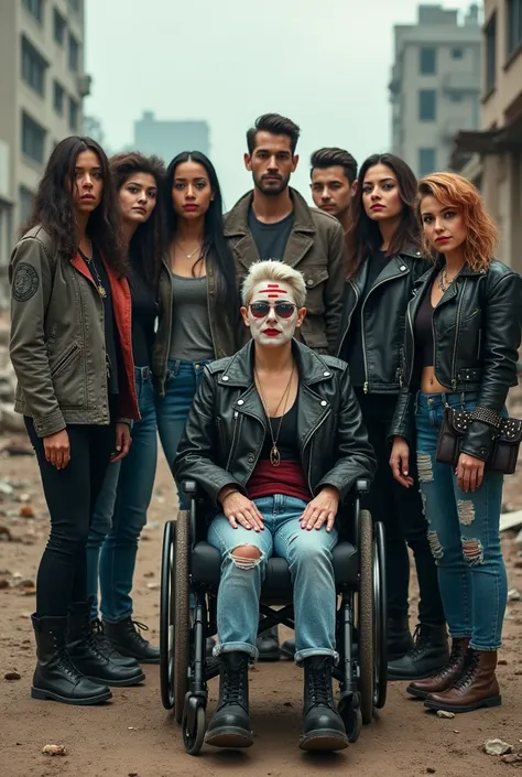 a group of 19 people with different ethnicities, heights, being between 18 and 2, one of them being a woman in a wheelchair. the drawing should show them all wearing punk and grunge style clothes. with makeup on the eyes and face. one of them must have his...