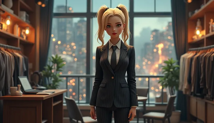 (photorealism:1.2)life like , schoolgirl a massive curvy blonde ponytail red lips wearing a perfect pinstripe suit with a thick tie large collar large breasts. Platform high heels , standing, highly detailed  shots, most detailed, perfect face, Two legs, F...