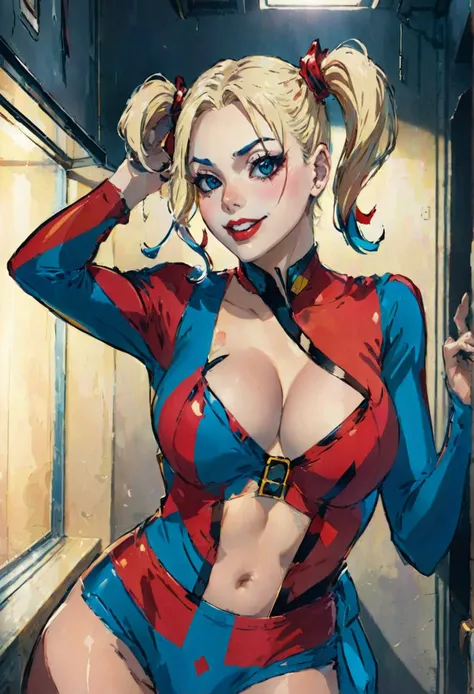 Erotic Harley Quinn wearing only red and blue panties, very sexy, thick thighs, big breasts, tight clothing, transparent clothing, cleavage 