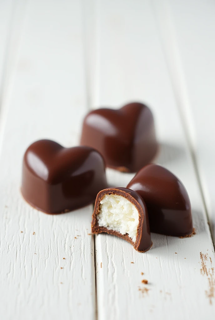 three coconut chocolates, that are heart-shaped, that one is split in half so that you can see the grated coconut inside the chocolate, that they look exquisitely delicious and that the background is on a white wooden table, make sure the image is square

