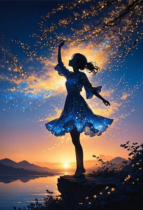 The image depicts a silhouette of a girl standing against a stunning sunset background. The sky transitions from a deep White, near the horizon to a deep Electric blue as it ascends. The figure appears to be enveloped in a series of tiny glowing fairy ligh...