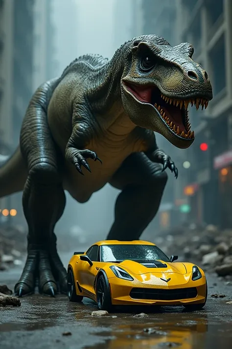 A 3-toed T rex smashes a small yellow car with its giant muscular leg that is smaller than the creature&#39;s leg and parallel to it. The foot pads of the creature should be visible in the picture. The soles should be dirty. Make it ultra HD. realistic. Th...