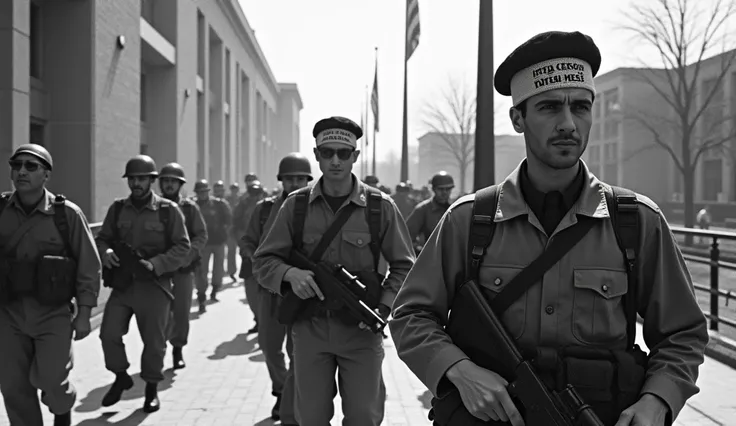 An old photograph depicting the moment Iranian revolutionary guards entered the U.S. Embassy in Tehran during the hostage crisis. The guards, wearing military fatigues and headbands with revolutionary slogans, are captured forcefully entering the embassy g...