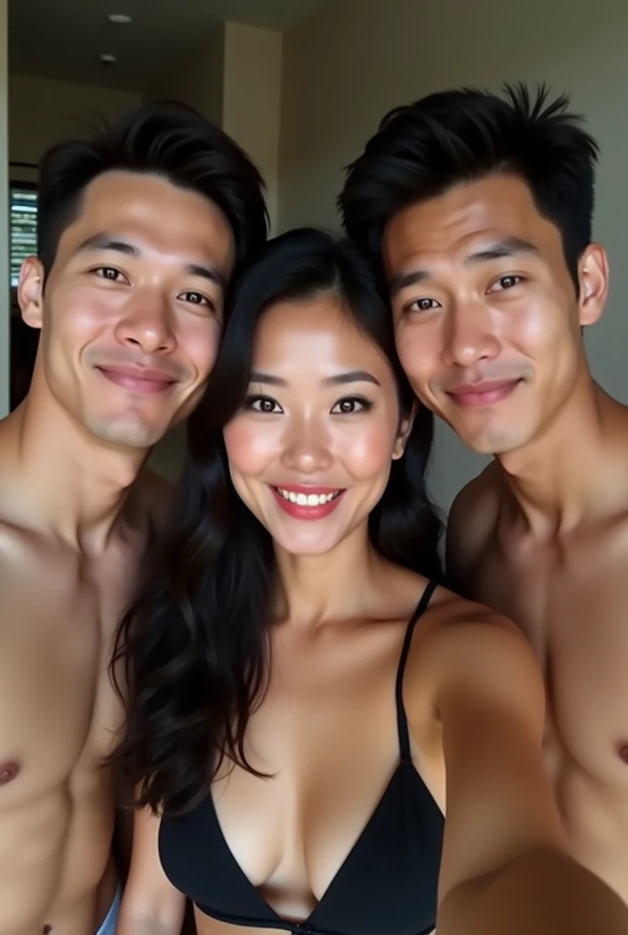 A realistic photo of three Thai siblings. (2 men, 1 woman) A sexy black-haired young woman in a black bra is taking a selfie and is clearly visible with her husband and lover., The three of them were excited about the situation and enjoyed the teasing., Hu...