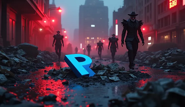 3D PayPal logo embedded in the ground of a devastated city at night, with mafia clowns, money flying, corruption, red lights