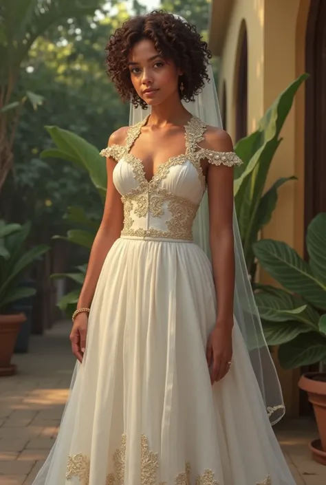 a young white woman with very short brown curly hair, religious with a curved body, tall Brazilian from Bahia in a traditional laceless wedding dress 