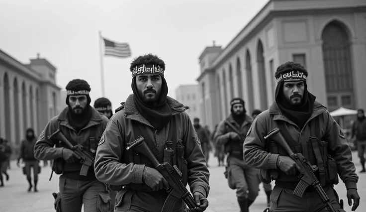 An old photograph depicting the moment Iranian revolutionary guards entered the U.S. Embassy in Tehran during the hostage crisis. The guards, wearing military fatigues and headbands with revolutionary slogans, are captured forcefully entering the embassy g...