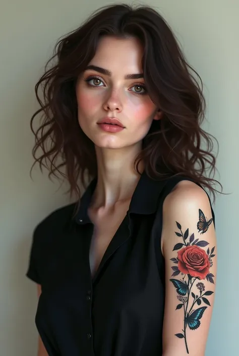 make a picture of a white woman with curly hair wearing a black shirt and this woman has a mole below her mouth and big eyes and on her left arm she has a tattoo of a rose with branches and butterflies, she wears black and eats hot dogs Show drafts


