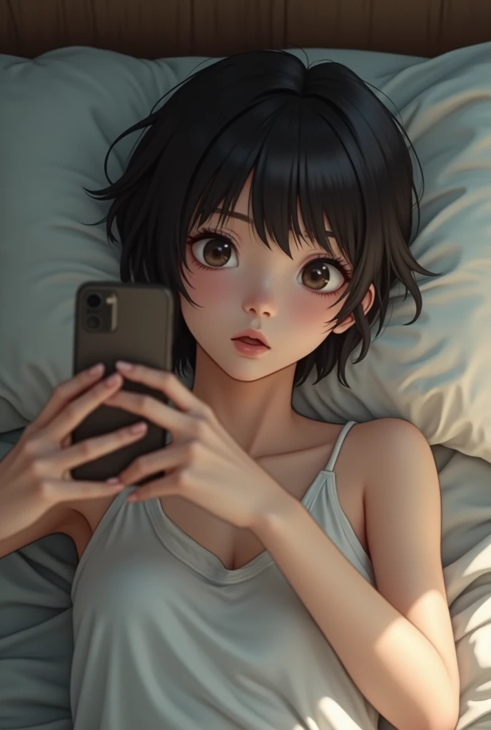 Beautiful short-haired Thai teenage girl on the bed, Wear a tank top, Looks a little sick , Take a selfie ,Breasts that are too large for their age