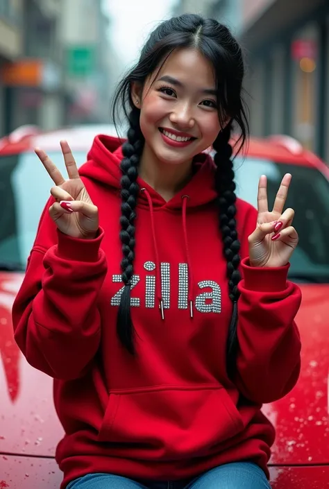 real full body photography image of beautiful Thai ,smiling wearing red hoodie with brown cargo pants and white rubber shoes,her fingers singn of peace, the hoodie has own names written" Zilla " made of cristal neon black is written in the jacket, black lo...