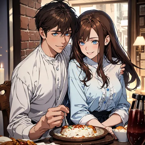 A cool young man with soft, messy brown hair and bright blue eyes, he is dining with a woman, smiling kindly. He is wearing a white shirt, creating a warm and friendly atmosphere. The background is blurred, creating a dreamy, romantic scene.