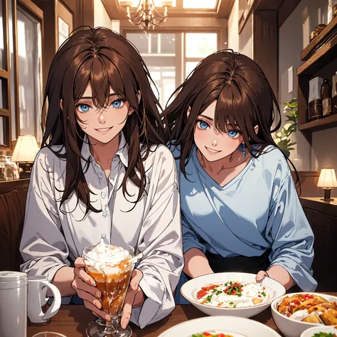 A cool young man with soft, messy brown hair and bright blue eyes, he is dining with a woman, smiling kindly. He is wearing a white shirt, creating a warm and friendly atmosphere. The background is blurred, creating a dreamy, romantic scene.