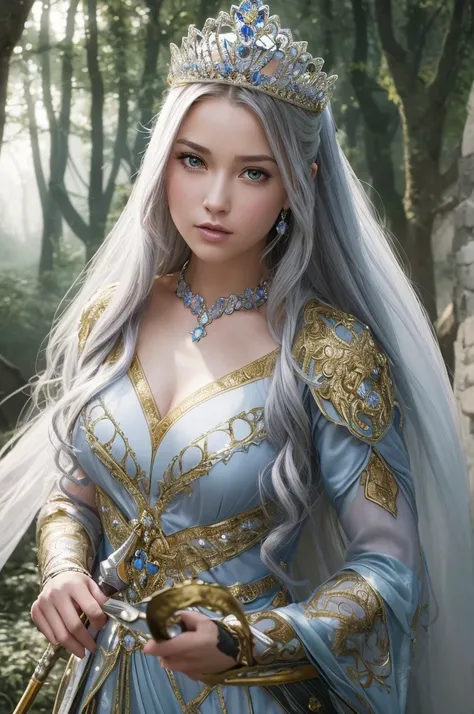 8k, RAW photo, best quality, masterpiece:1.2), (realistic, photo-realistic:1.4), (extremely detailed 8k wallpaper),Create a high-resolution fantasy illustration of a warrior princess in an enchanted forest. The princess wears intricate, shining silver armo...