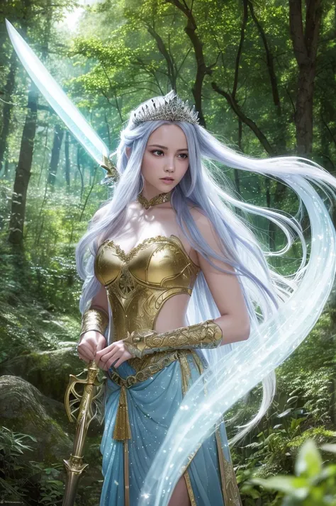 8k, RAW photo, best quality, masterpiece:1.2), (realistic, photo-realistic:1.4), (extremely detailed 8k wallpaper),Create a high-resolution fantasy illustration of a warrior princess in an enchanted forest. The princess wears intricate, shining silver armo...