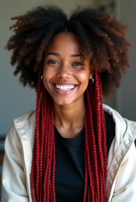 a real image of a young dark skinned woman with long red afro braids, with freckles on her face and a friendly smile, with eyebrow piercing and black t-shirt with a white coat over it