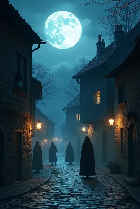 Quiet village night　full moon　mysterious　Fantasy　Alluring　Light and shadow