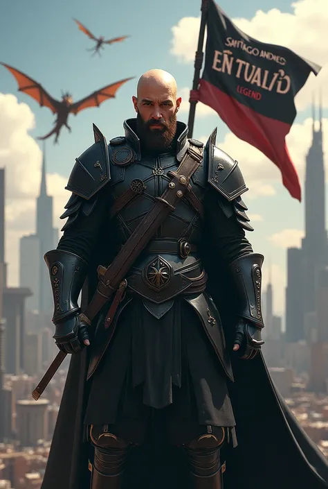 
Bald young man with a brown beard, black armor with a flag that shows: "Santiago Andrés, Legend!" In the background a futuristic city with dragons