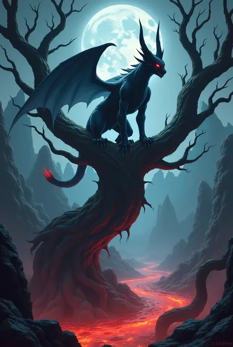 Evil pokemon wallpaper ensima of a tree and mountains and a lake of fire