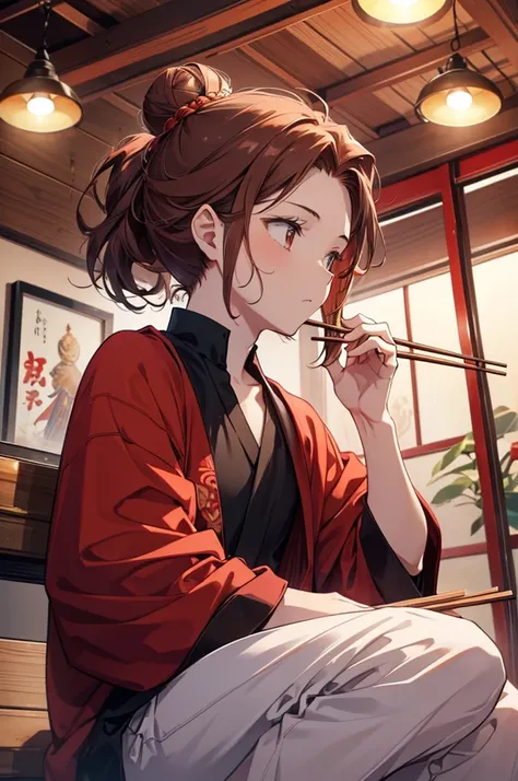 A cute boy, a bit short, with a nice bun of brown reddish hair held by two chopsticks , meditating, red sideburns beard, beautiful environment, cool pose, hippie atmosphere