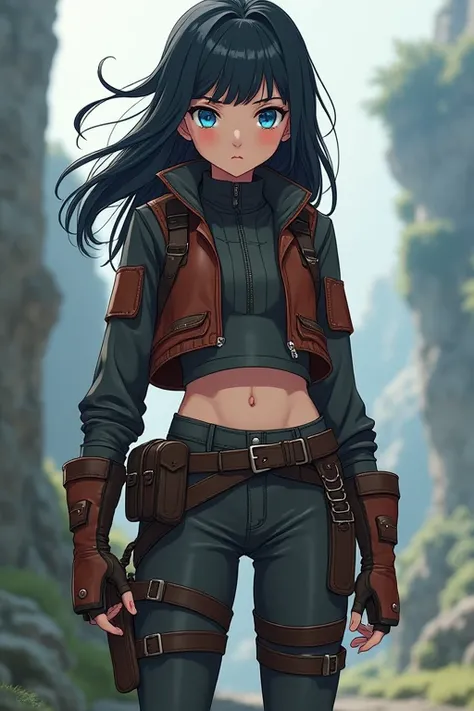 Anime girl 1 girl, black hair. blue eyes Freya wears a functional and stylish adventurers outfit, designed to provide freedom of movement and protection. She wears a tight-fitting, dark brown leather blouse with steel detailing on the seams and shoulders t...