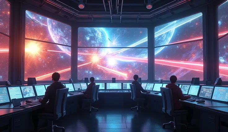 animated style, anime, Command center, war room, control center, spacecraft, throw, big screens, interstellar war, chaos, bright explosions, lacers.