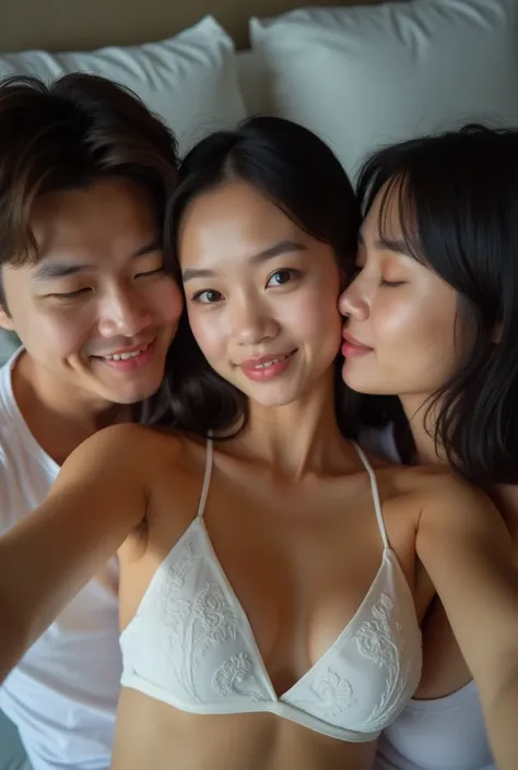 A realistic photo of three Thai siblings. (2 men, 1 woman) A sexy, bare-chested, dark-haired young woman is taking a selfie and is clearly seen with her husband and lover., The three of them were excited about the situation and enjoyed the teasing., Anothe...