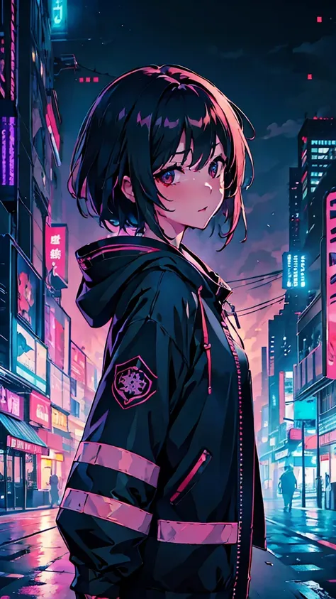 rina shinomiya、cyberpunk neon night city, smooth light, belautiful, depth of field, 8k, highy detailed, high qualiy, mayor&#39;s...