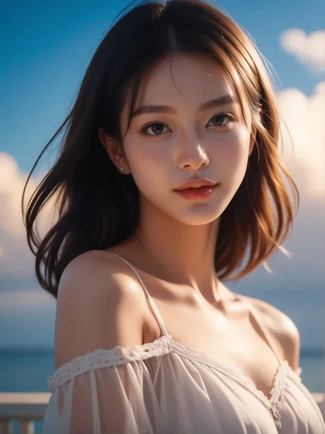 beautiful young woman in an off-the-shoulder dress, close-up portrait, detailed facial features, looking directly at camera, against a bright blue sky with some clouds, outdoor scene with soft shadows and high key lighting, dark and moody tones, film grain...