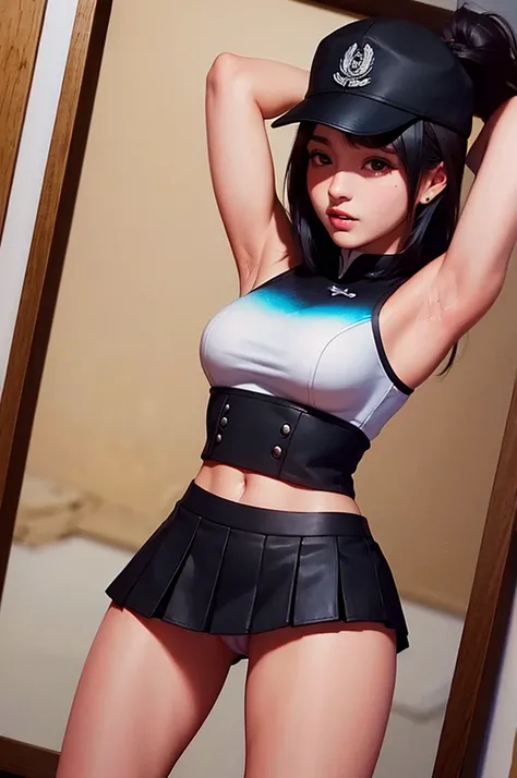 Armpit,cap, Naughty uniform, panty shot,ultra black mini skirt,Japanese,BDSM,super real painting,open legs