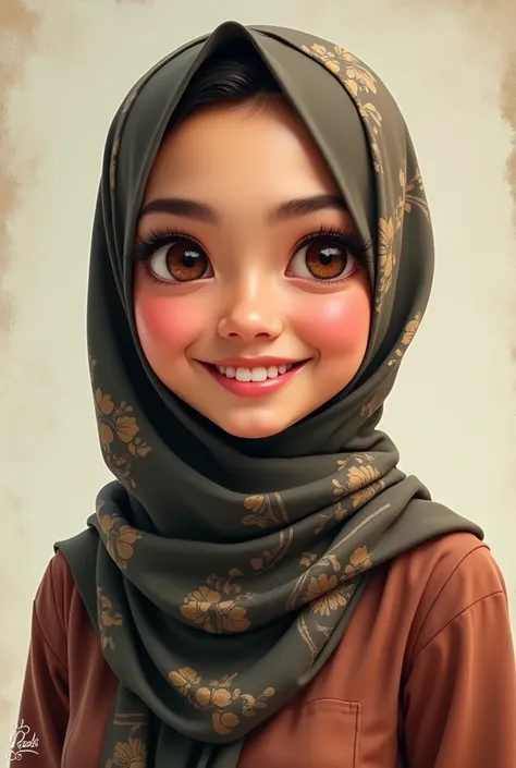 make ,a realistic full body shot,exagerrated ,caricature ,of indonesian woman with hijab, with nice smile,This masterpiece captures the essence of the era, radiating nostalgia and vintage charm.,simple background.high detail