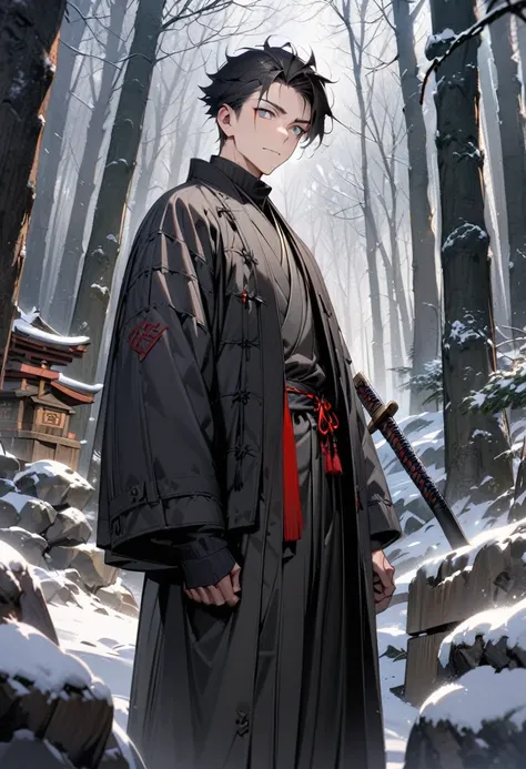 man with calm face ,Male Dark, dark snowy Woods,Red, White & Black color clothes, winter clothes, gray eyes, short black hair, black japanese hanten,samurai dnd, forest shrine background, sheathed katana, masterpiece, detailed hands, detailed image