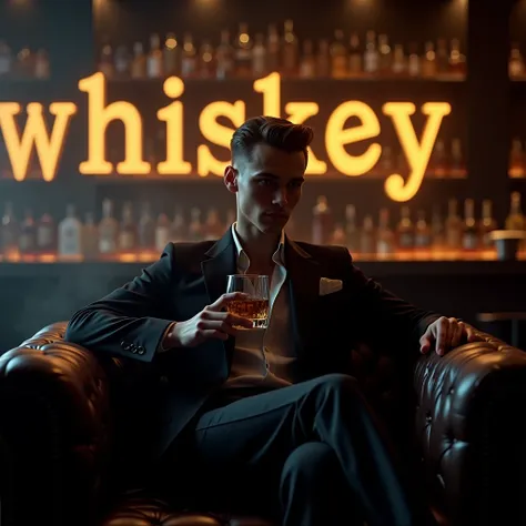 Create a realistic image where a 20 years old boy wearing black luxury suit and sitting on soFa, hes holding a whiskey glass 🥂 in his hand, there is smoke in background and a bar full of whisky . In background the name "whiskey" is showing in bold and glow...