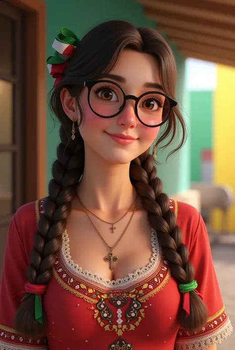 Female teacher with brown hair with two braids and Mexican tricolor bows, Brown eyes, wear glasses, dressed in typical Mexican clothing with a cross necklace , She is a bit fat.