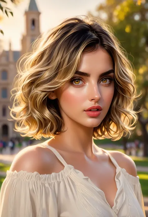 Generate the image of the beautiful Ana de Armas, gold eyes, wavy short hair. no  Central. On the College Campus.