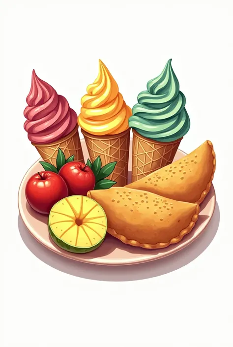 I created a 2D logo with empanadas, arepas, ice cream, ice cones, Venezuelan food, I want the fruits and the organization of the food to stand out. the company is called indulge luzmary