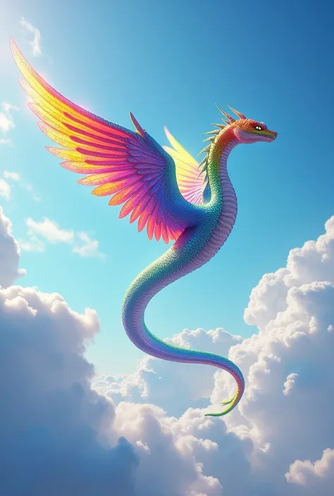 A snake rainbow with wings that flys in the heaven