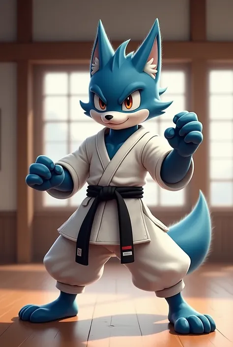 Create an image of Lucario in a taekwondo suit with a black belt, first dan, with combat guard