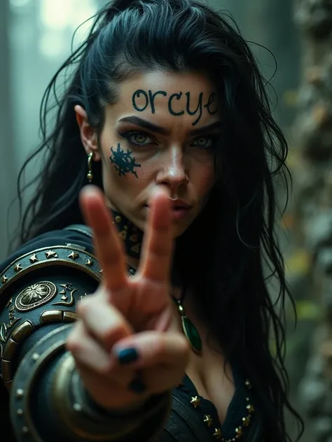 cinematic portrait of a beautiful orc girl, tattoo on her left cheek saying "orcy", holding up peace hand sign 