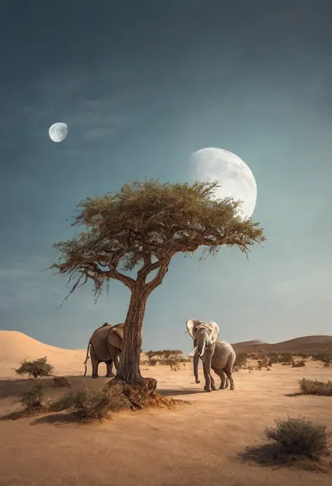 A surreal depiction of an elephant, facing away the viewer, sitting on a thin, fragile looking bare tree branch, set against a serene desert landscape under a clear sky. Big elephant sitting on a tree branch in the desert with a moon in the background, sur...