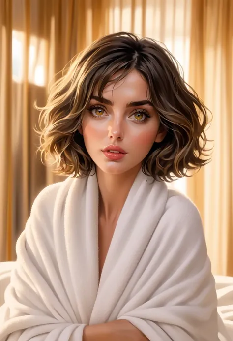 Generate the image of the beautiful Ana de Armas, gold eyes, wavy short hair. Wrapped in a towel in a bright and sophisticated room. The expression is one of satisfaction.