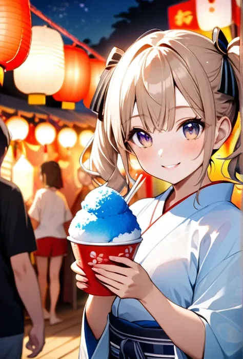 A girl smiling while eating shaved ice at a summer festival.The girl is very pretty and young.々Shii,  light brown twintails hair,Put a barrette on your kimono.女の子は美Shiiピンク色の模様の浴衣を着ています.Shaved ice with red syrup in hand, He flashed a proud smile at the came...