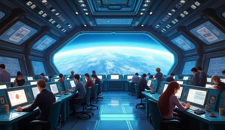 animated style, anime, Command center, control room, realistic interstellar ship, generational ship, o&#39;neil cylinder, 