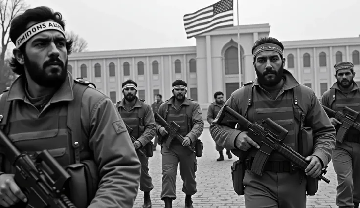 An old photograph depicting the moment Iranian revolutionary guards entered the U.S. Embassy in Tehran during the hostage crisis. The guards, wearing military fatigues and headbands with revolutionary slogans, are captured forcefully entering the embassy g...