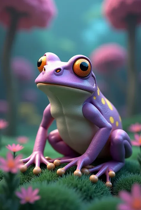 a purple frog sitting on top of a lush green field, psychedelic frog, cyberpunk frog, alien frog, frog, beautiful frog, clown frog king, cute frog, froggy, very detailed toad, frog perspective, portrait of a frog, spotted ultra realistic, frogs, stylized a...