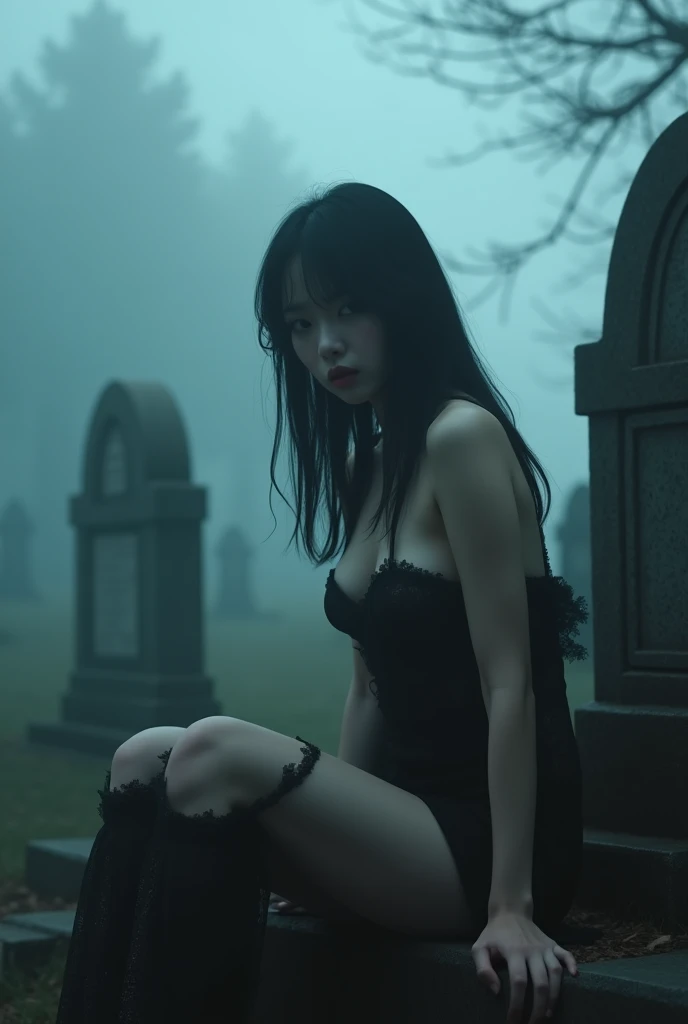 (Female ghost:1.7)、(((In the fog)))、((The body is blurred))、young woman、((Beauty))、Japanese、cute、1、((sexy))、Background Graveyard、sitting at the grave、(((sexyな衣装)))、soul、(best quality,4K,8k,highres,masterpiece:1.2),ultra-detailed,(realistic,photorealistic,p...