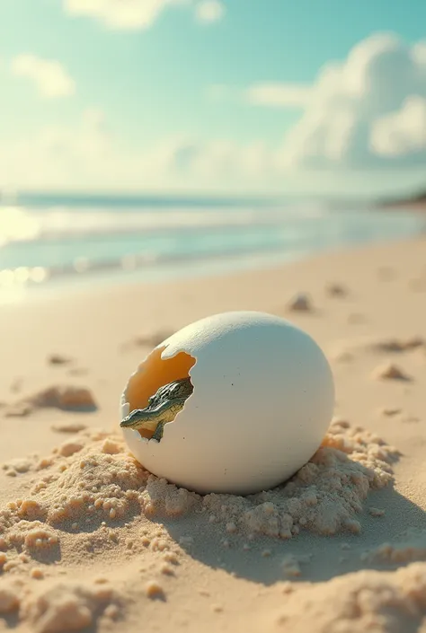 white eggs with baby crocodiles in the sand