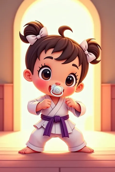 Generate a cartoon image of a purple belt female karate baby, using a pacifier and a bow on her head 