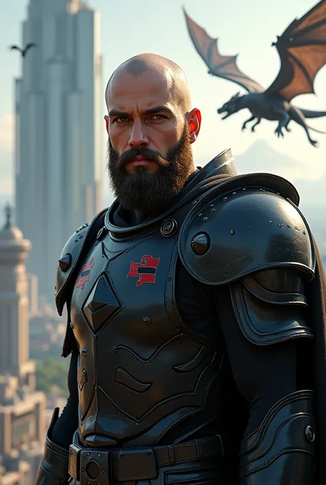 
Bald young man with a brown beard, black armor with a flag that shows the following, as is Santiago Andrés In the background a futuristic city with dragons