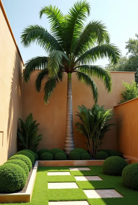 A garden fenced with light beige stone walls complements the warm and cozy atmosphere. You can see a lawn, in the corner there is a majestic feathery coconut palm tree, which reaches about 4 meters in height and slightly exceeds the height of the fence. Th...